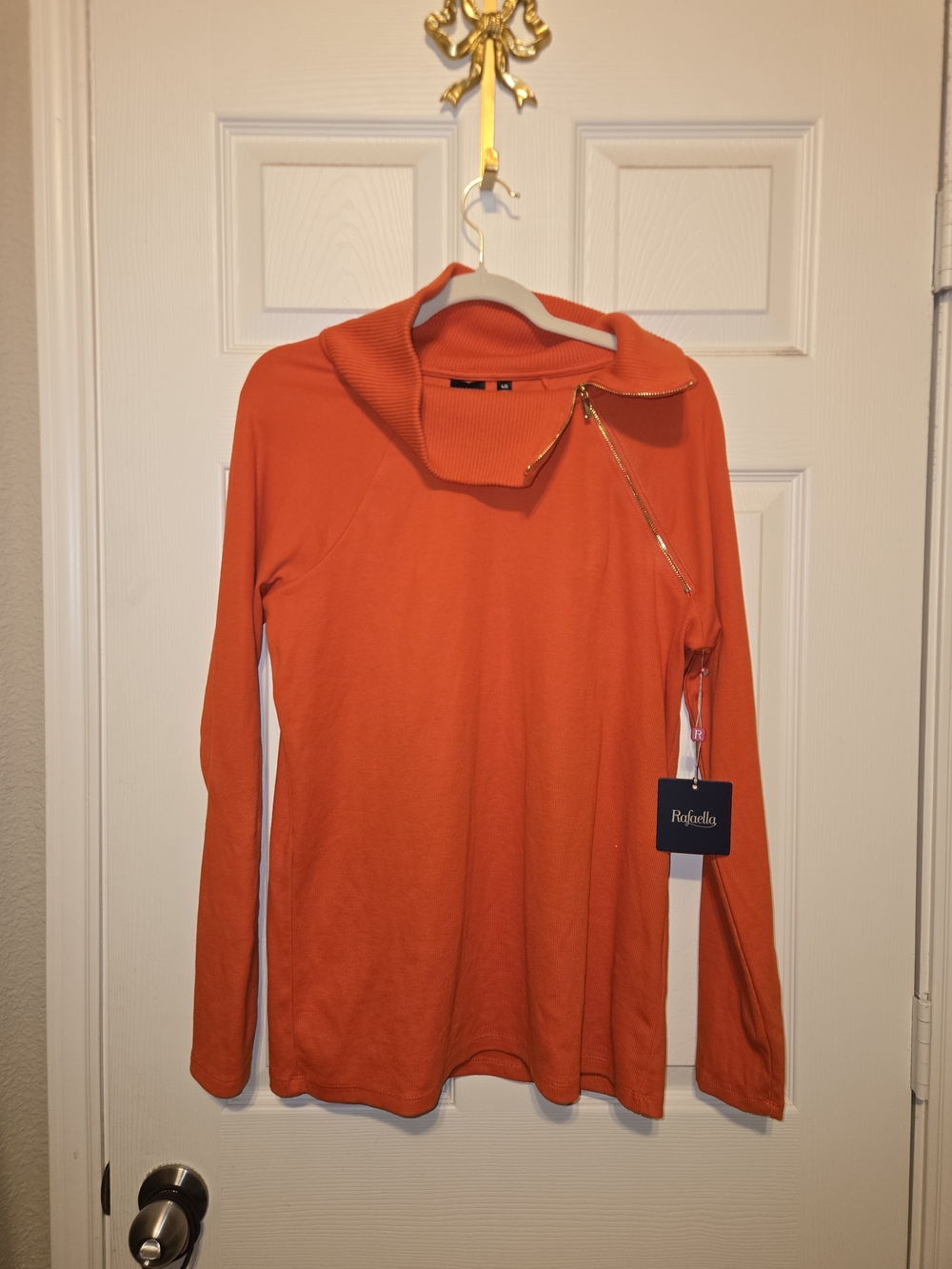 Rafaella Bright Orange Asymmetrical Zip Cowl Neck Pullover